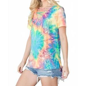 NEW CY FASHION tie dye crisscrossed top in yellow/blue